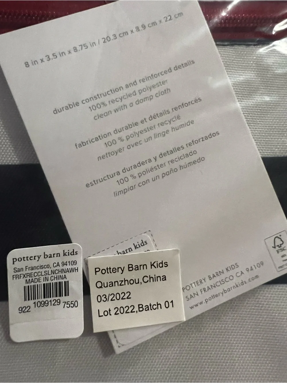 Pottery Barn Kids Navy & White Striped Lunch Bag with Red Trim